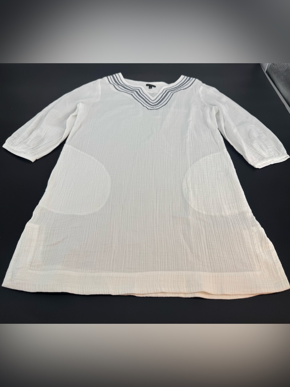 Talbots Women White Tunic Swim Cover-Up with Navy Embroidered V-Neck Size Small - Picture 4 of 11